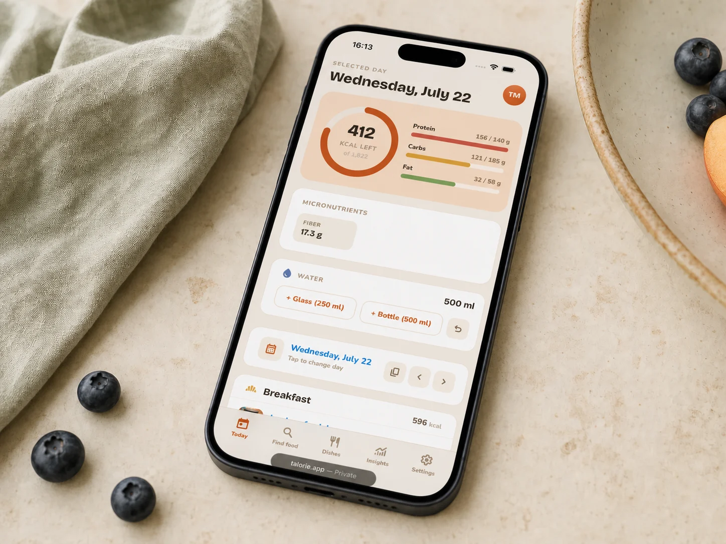 product screenshot: the Talorie day view